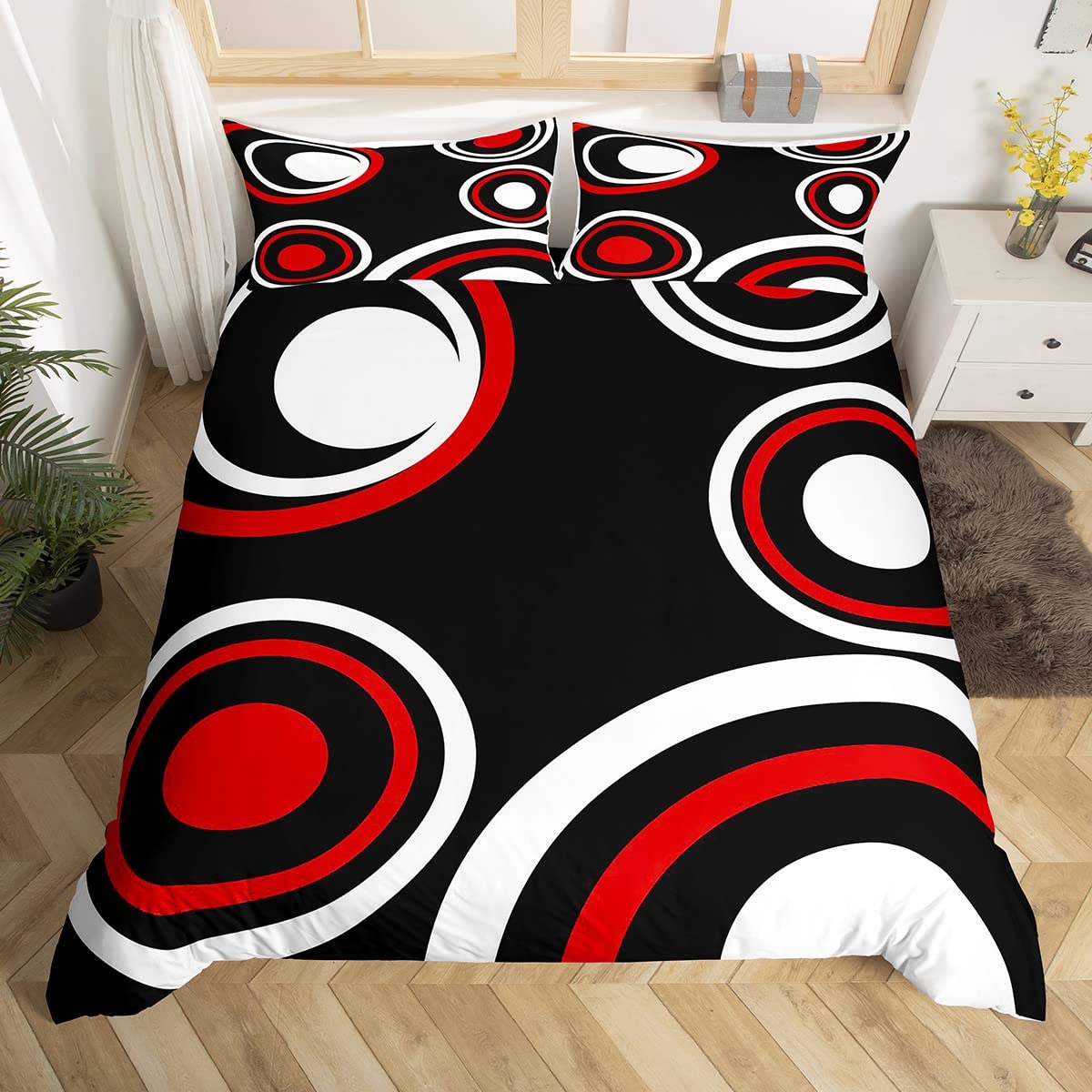 Abstract Square Circle Duvet Cover Set King Size,Geometric Art Pattern Comforter Cover with 2 Pillowcases,3 Piece,Modern Black Red White Bedding Set for Adult Young Bedroom Xmas Gift