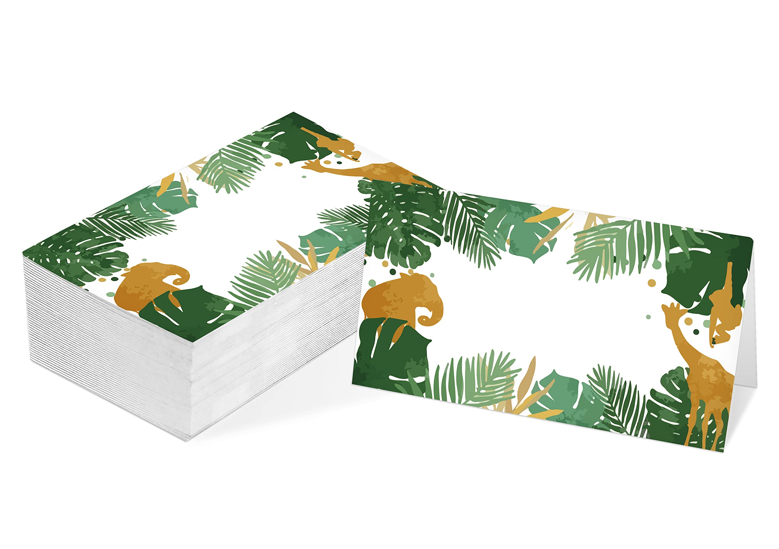 Table Place Card, Jungle Safari Animals Themed Tent Style Cards, Pack of 25 Half-Fold Reception Place Card, Gold Wild Animal Food Labels, Perfect for Baby Shower, Birthday Party C08