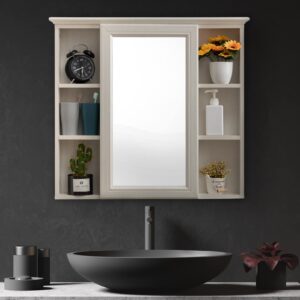 ALIMORDEN Mirror Medicine Cabinet with Shelves, Bathroom Wall Storage Cabinet, 30 Inch x 28 Inch, Over The Vanity, Toilet (No Back Board), White with Wood Grain