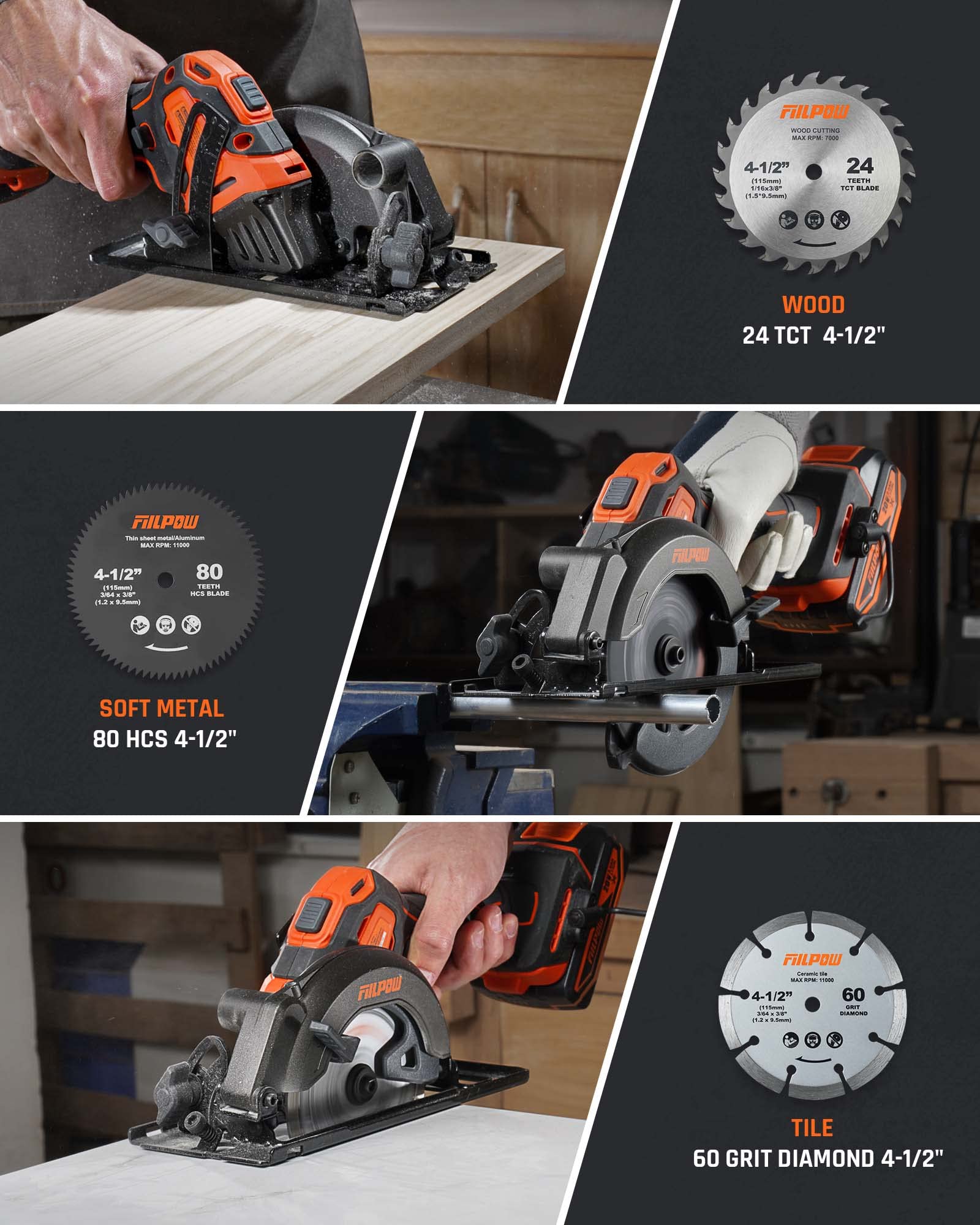 FIILPOW Mini Circular Saw Cordless 4-1/2", 20V Brushless Compact Hand Saw Wireless, 5500 RPM & 2.0Ah battery & Fast Charging, 3 Blades (24 TCT/80 HCS/60 DIAMOND) for Wood, Soft Metal and Tile