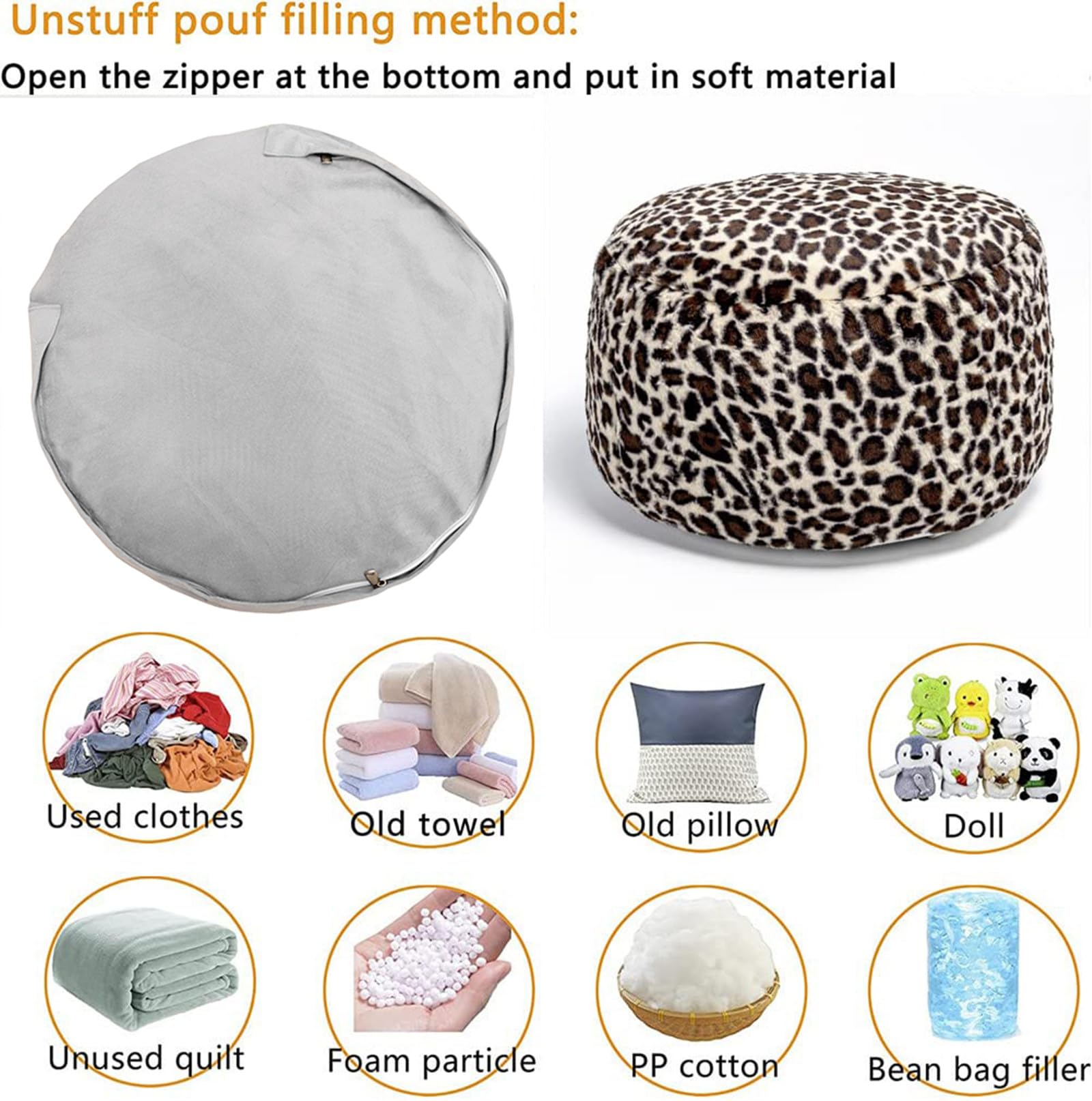 Asuprui Animal Pouf Ottoman Unstuffed,Floor Pouf, Ottoman Foot Rest, Outdoor Pouf,Round Fuzzy Pouf Seat, Floor Bean Bag Chair,Foldable Floor Chair Storage for Living Room, Bedroom (Leopard Print)