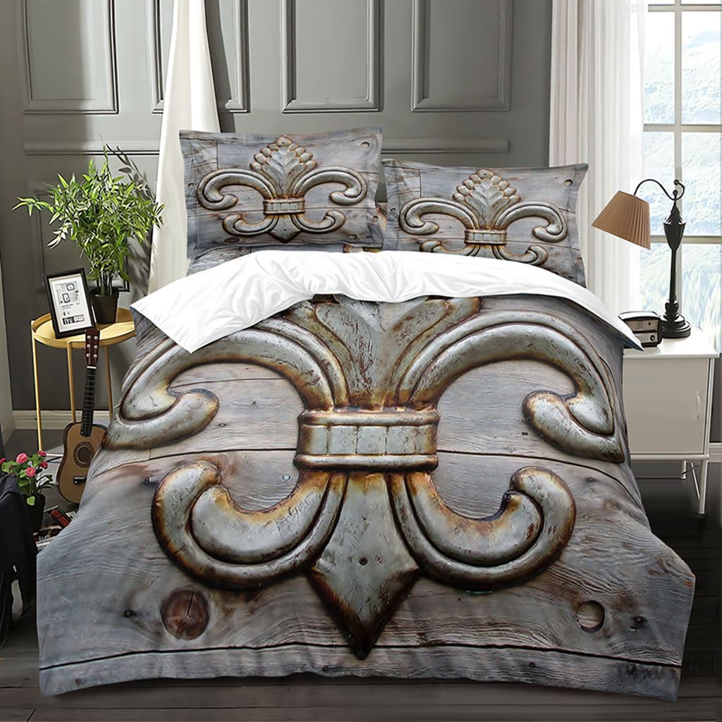 Flowers Fleur De Lis Duvet Cover Set King Include 1 Duvet Cover 2 Pillowcases Vintage Flower Iron Tin Antique Ornate Rustic Sign Wooden Comforter Cover Microfiber Soft Bedding Sets