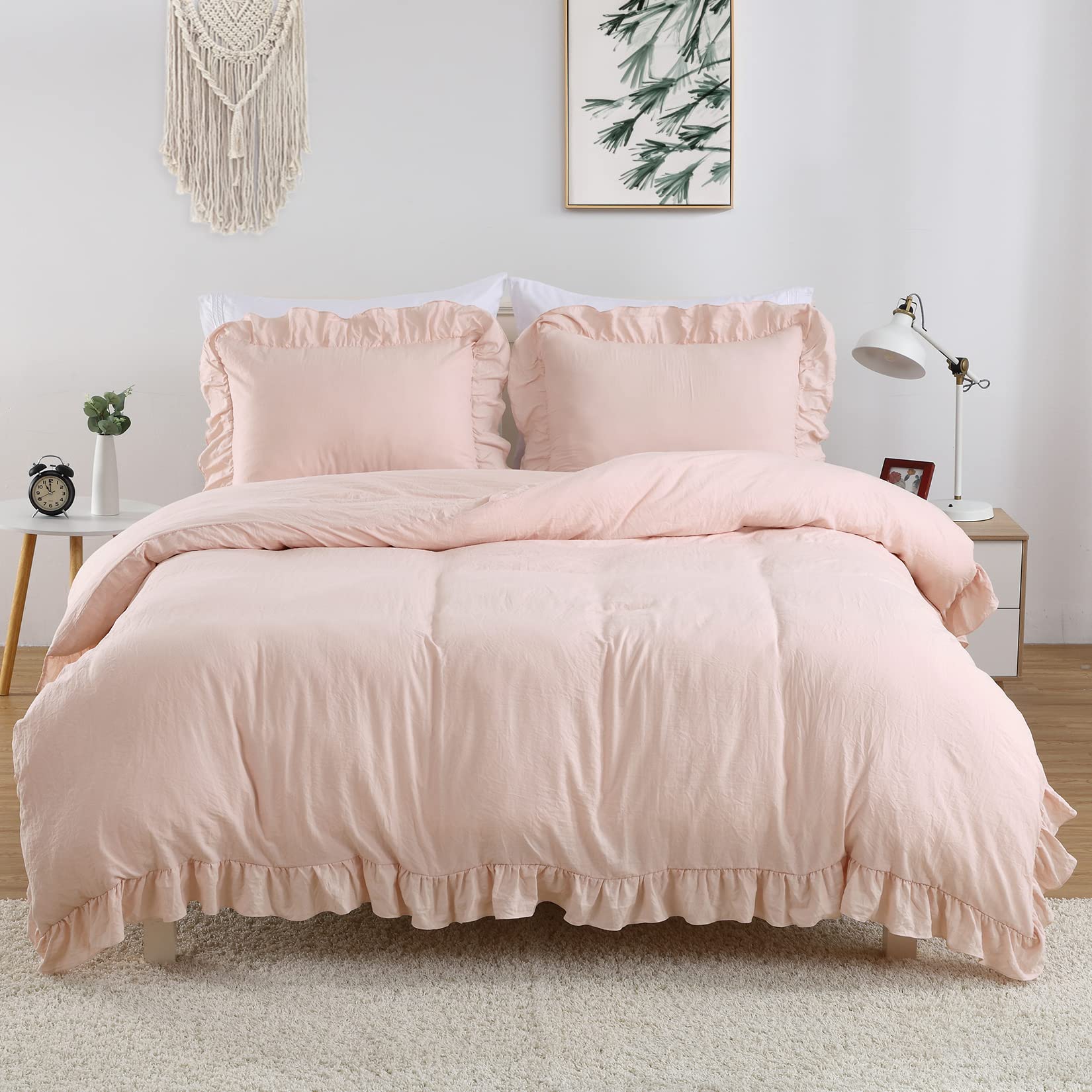 Pink Ruffled Duvet Cover Twin, 2PCS Soft Washed Microfiber Vintage French Country Duvet Cover Set for Kids Girls, Pink, 68x90 in