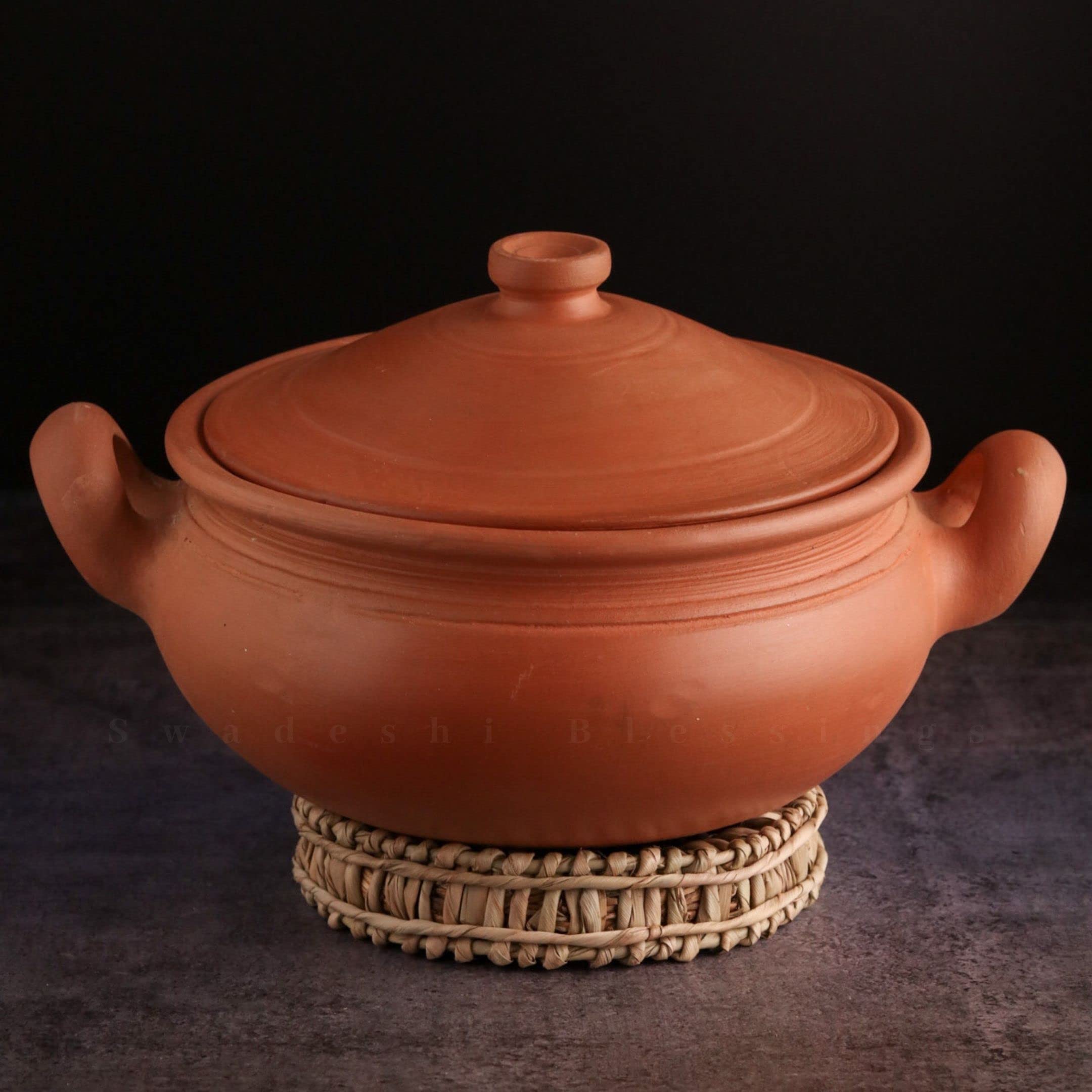 Swadeshi Blessings Exclusive Range Unglazed Clay Pot For Cooking & Serving with Lid/Earthen Kadai/Mud Handi/Mitti Ke Bartan (With Mirror Shine) + FREE ASH For Cleaning (2 Liters)