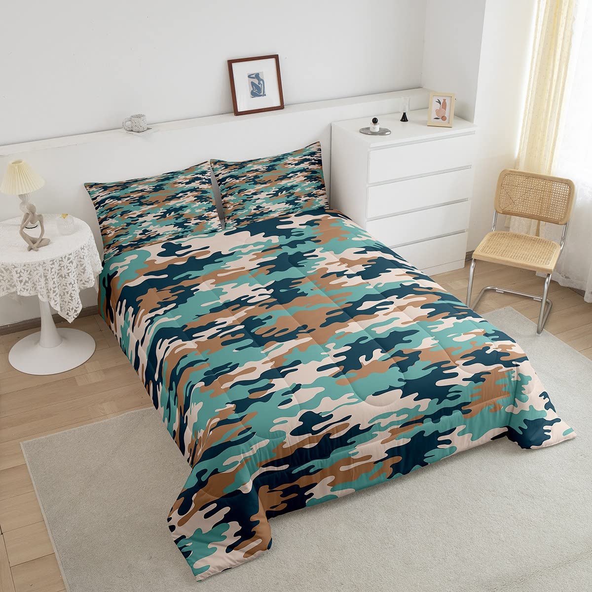 Camouflage Comforter Set Youth Army Camo Bedding Set for Kids Boys Girls 3D Military Art Comforter Teal Blue Brown Decor Quilt Set Room 3Pcs Queen Size