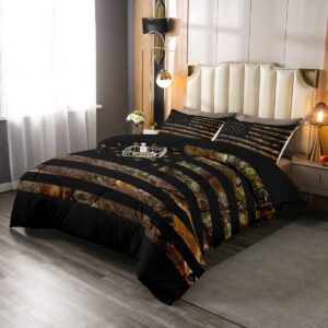 American Flag Camo Comforter Set Queen,Military Hunting Bedding Set Rustic Trees Leaves Camouflage Comforter for Boys Teens Kids Man Bedroom Nature Conifer Oak Branches Bedding Quilt Set 3 Pcs