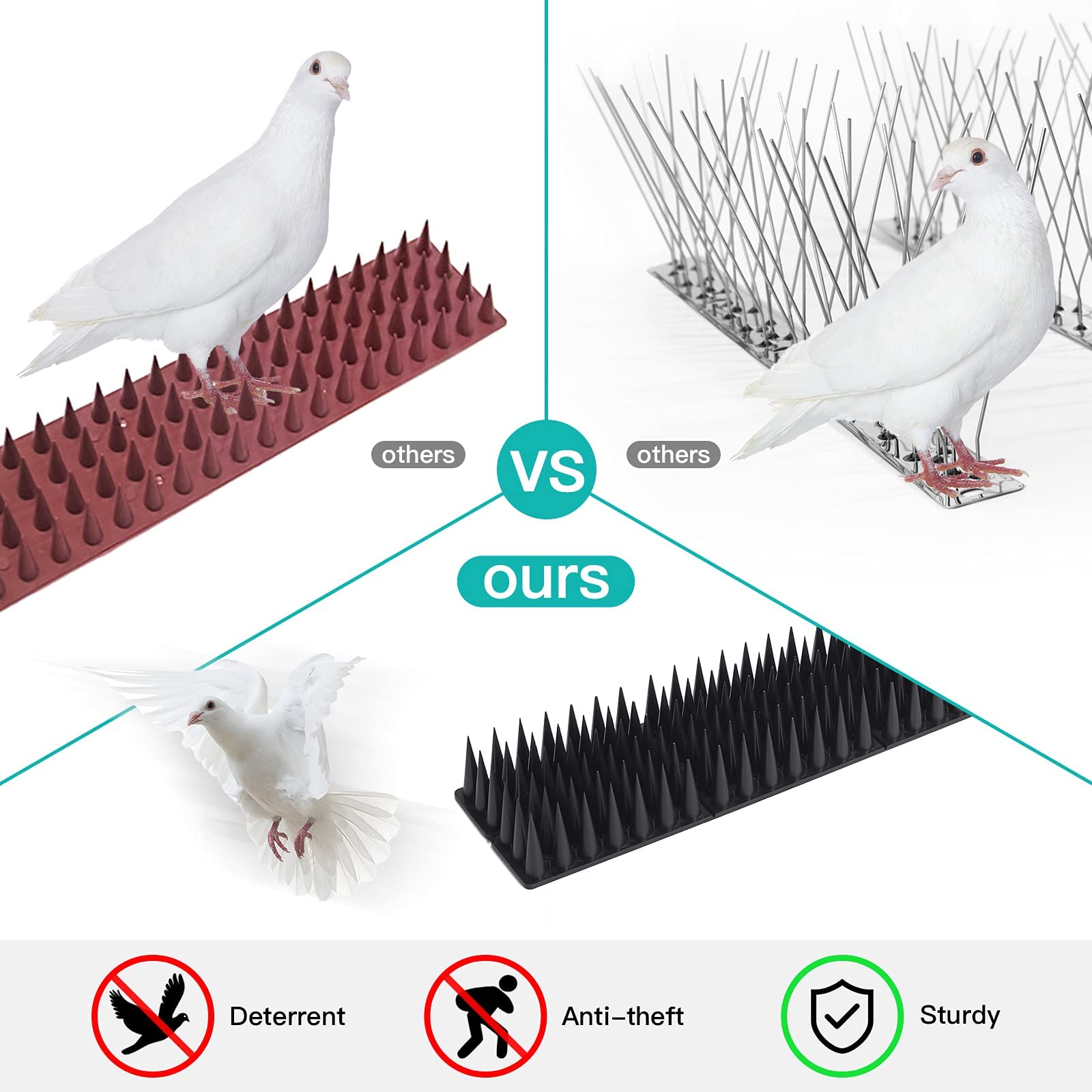 Bird Spikes, Bird Deterrent Spikes for Small Birds Pigeon Squirrel Raccoon Cats Crow Bird Defender Spikes for Outside to Keep Birds Away, Anti Bird Plastic Fence Spikes for Railing and Roof