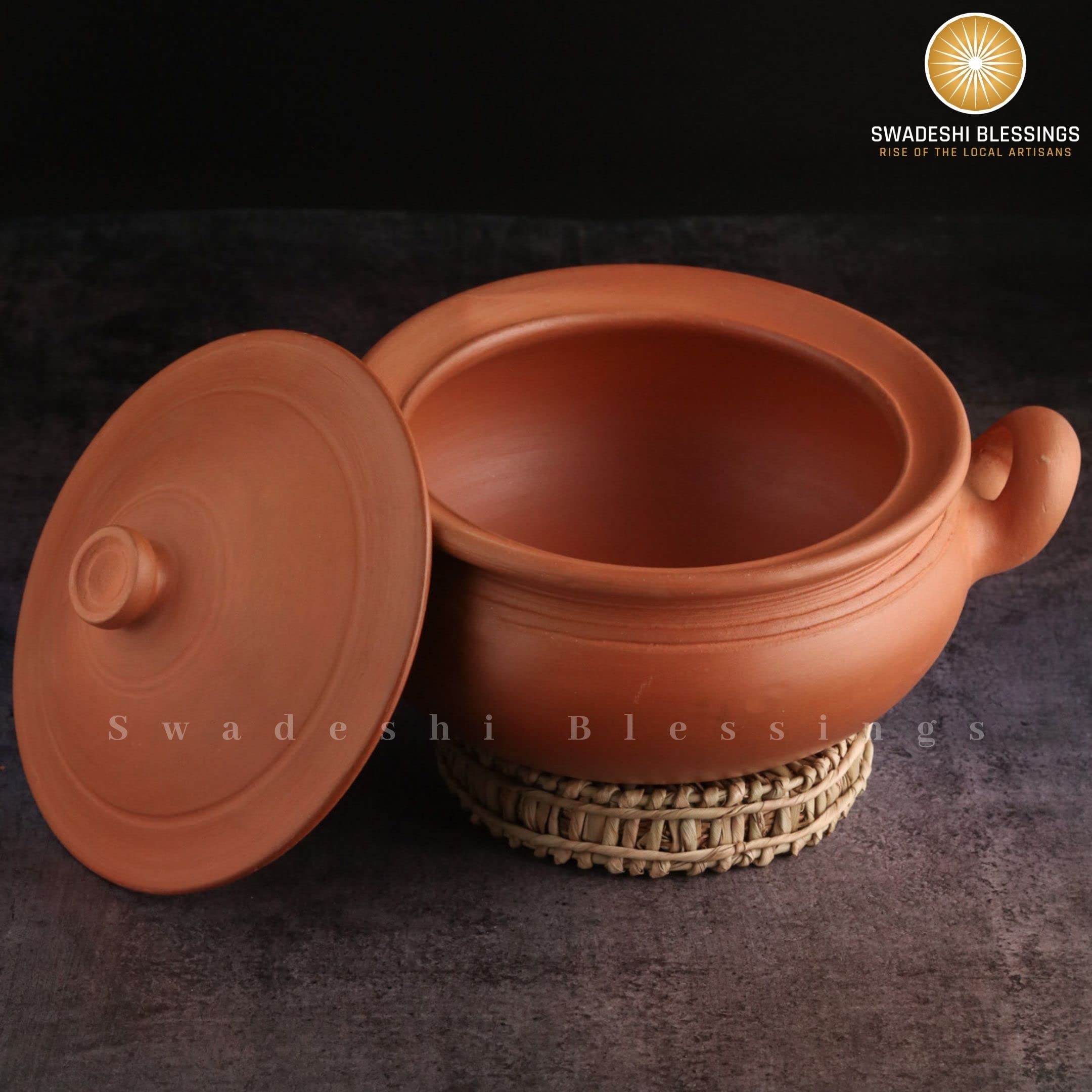 Swadeshi Blessings Exclusive Range Unglazed Clay Pot For Cooking & Serving with Lid/Earthen Kadai/Mud Handi/Mitti Ke Bartan (With Mirror Shine) + FREE ASH For Cleaning (2 Liters)