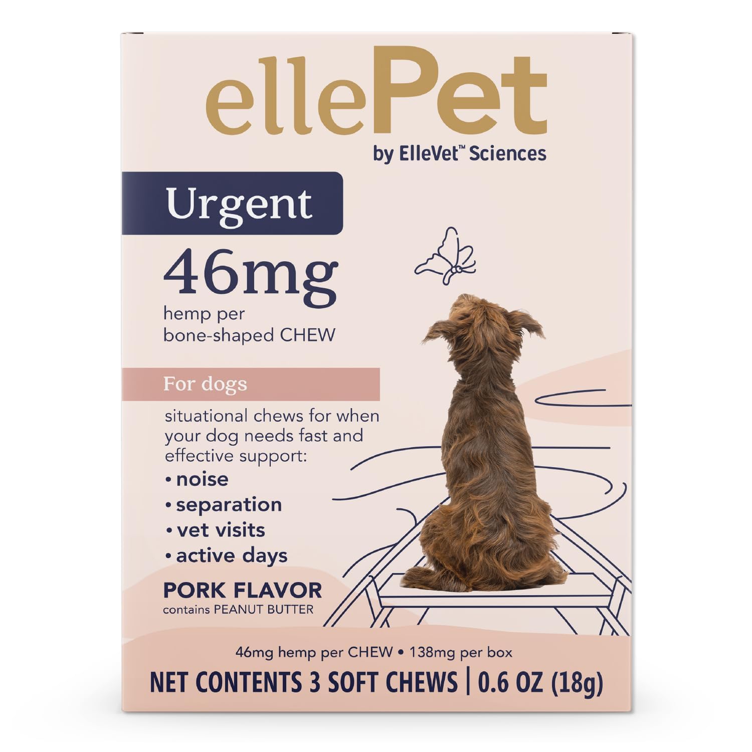 ellePet Urgent Situational Stress Hemp Chews 46mg per Chew - with Hemp Oil Blend - Fast, Effective Calming Support for Stress Events Such as Fireworks, Separation, Car Rides