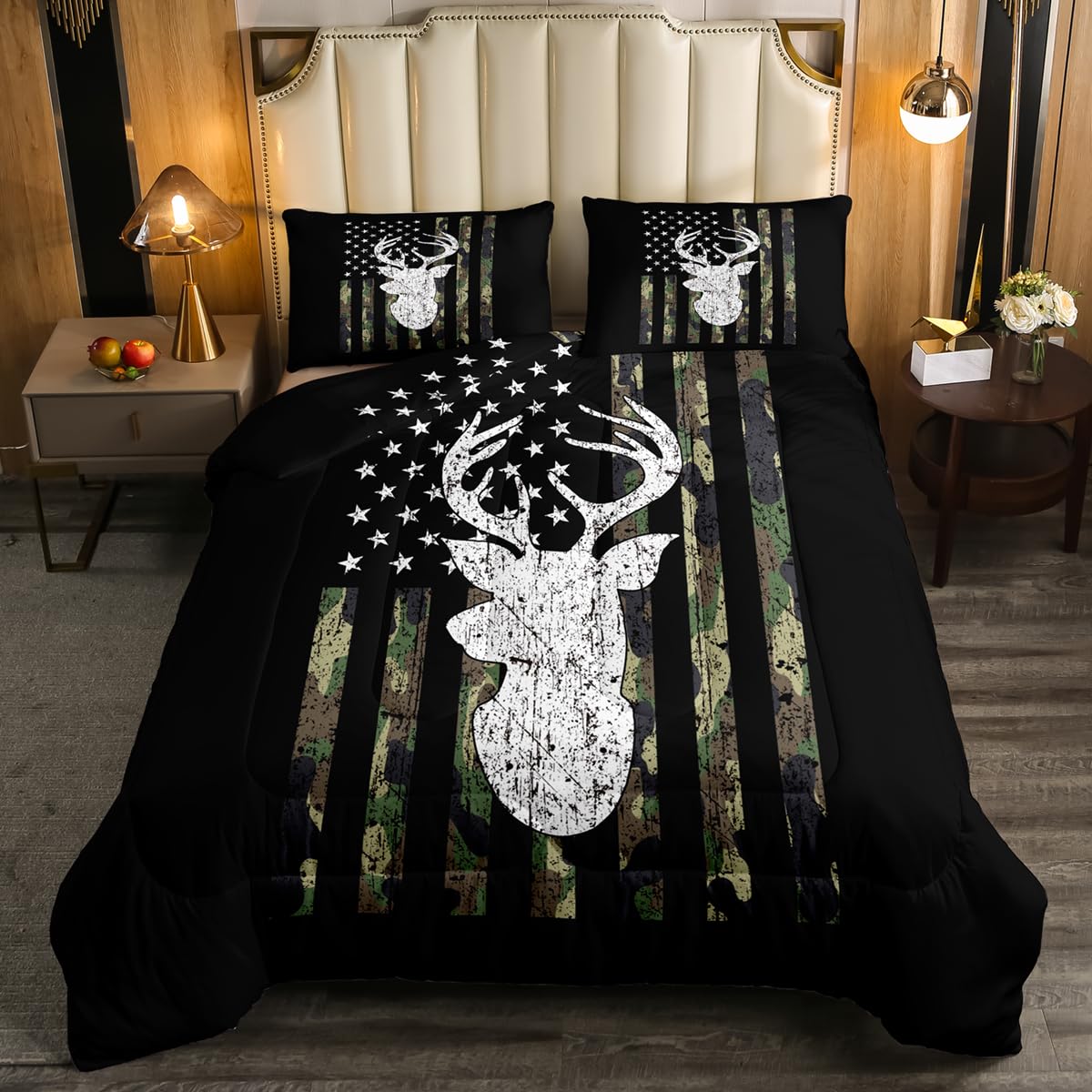 Deer Camo Comforter Set Queen Antlers Hunting Camo Bedding Sets For Teen Boys Men Camouflage American Flag Bed Comforter Set ,Western Farmhouse Wild Animal Bedding Quilt Black White Home Decor 3 Pcs