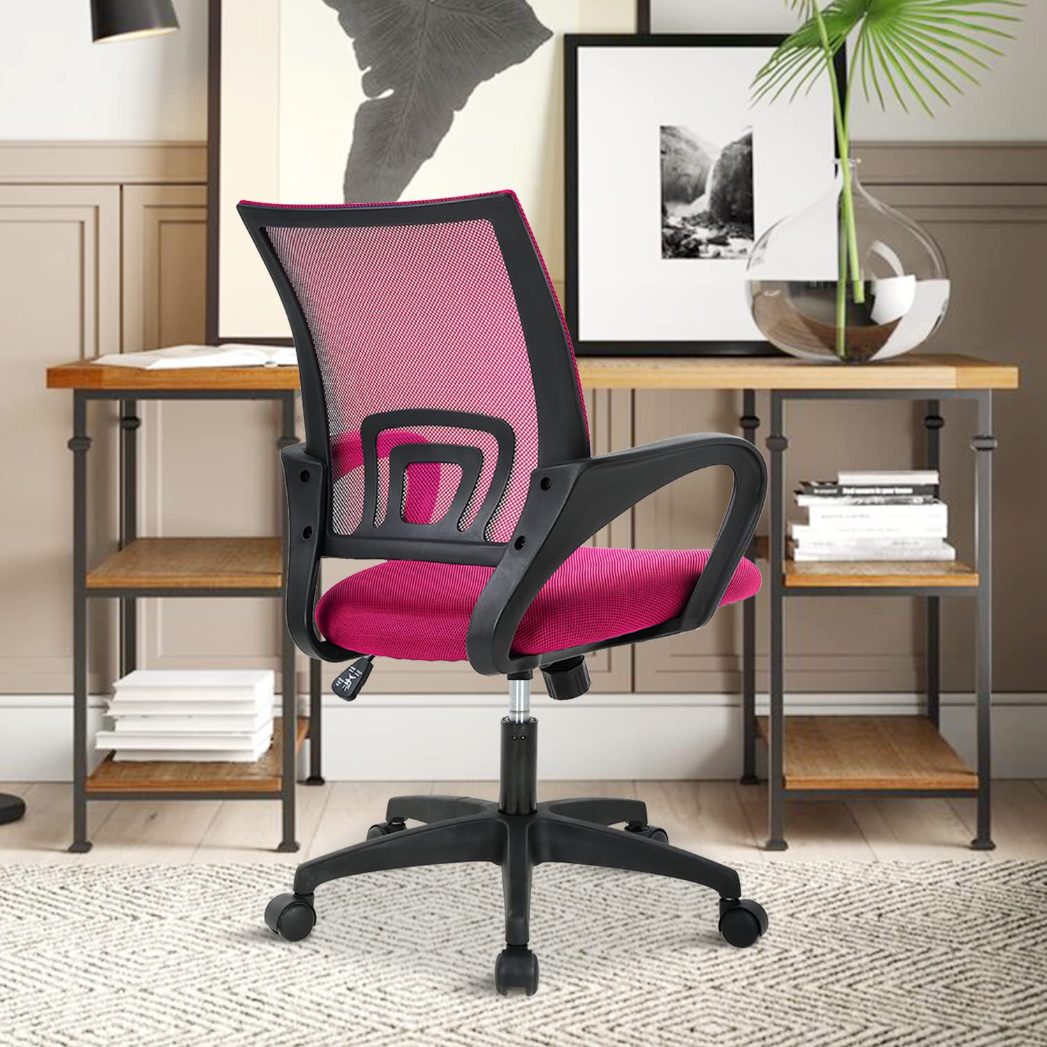 Pink Office Chair Ergonomic Desk Chair Mesh Computer Chair with Lumbar Support& Armrest, Adjustable Mid Back Executive Task Chairs, Rolling Swivel Chair Kids Desk Chair for Women