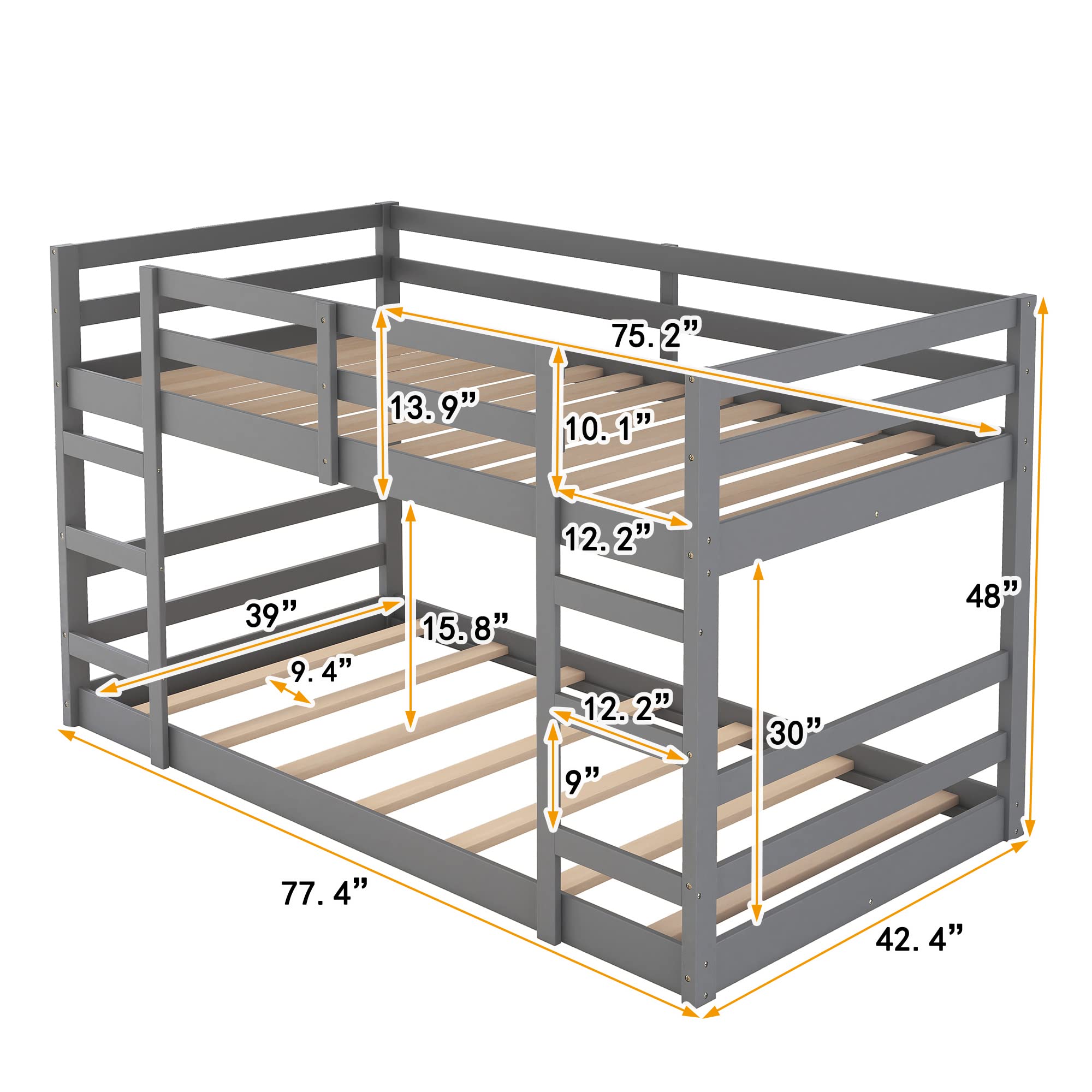 Twin Over Twin Low Bunk Bed, Solid Wood Floor Bunk Bed with Ladder, for Toddlers Kids Boys Girls (Gray)