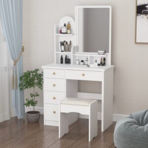 ecacad vanity desk set with large mirror, makeup vanity dressing table with 5 drawers, storage shelves and cushioned stool for bedroom, white