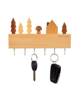 cliocoo decorative wooden key hook, wall mounted key hanger with 6 hooks, natural wood color, with anchors and screws, wall décorfor entryway (white)