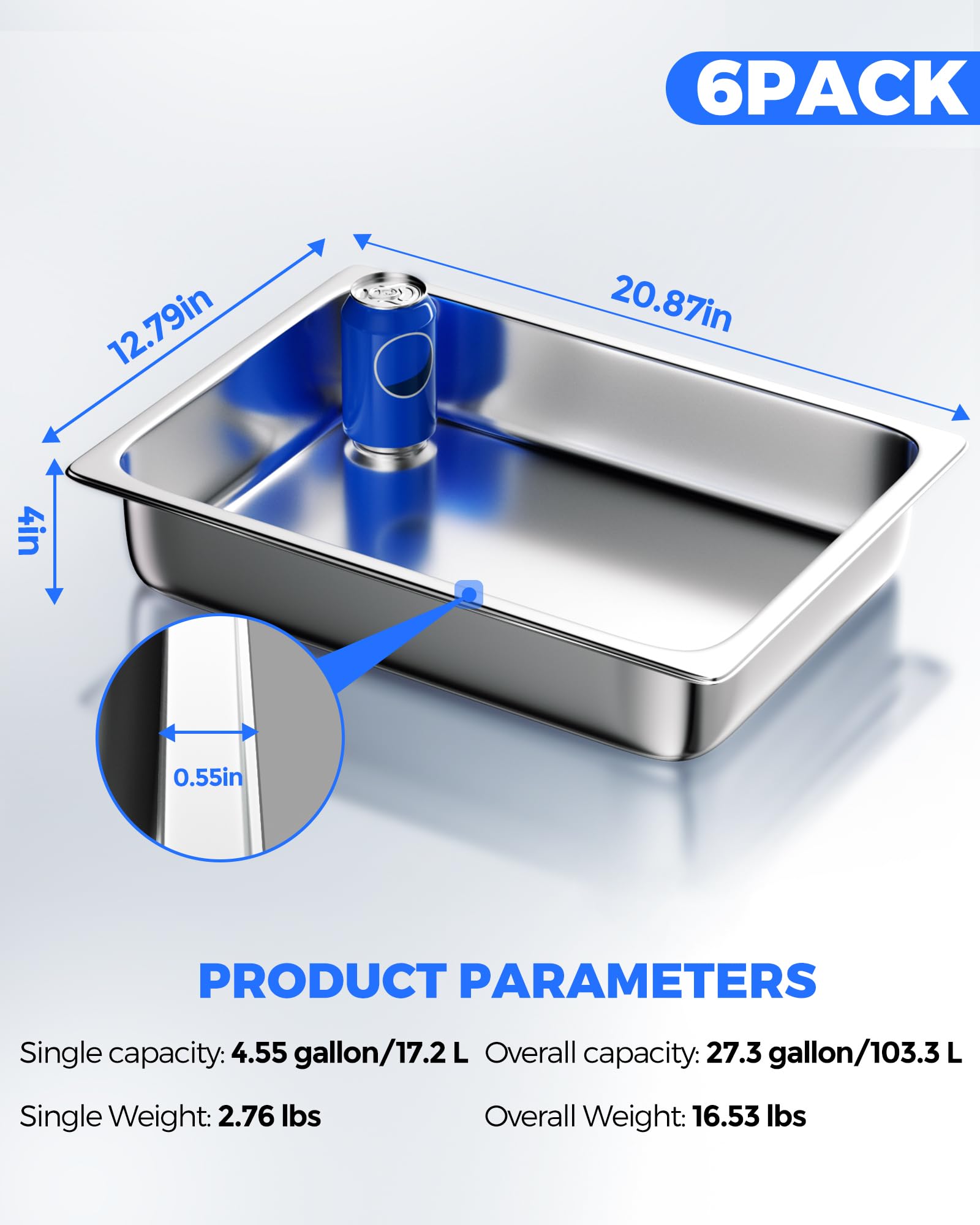 WantJoin Full Size Steam Table Pans, 6-Pack 4 Inch Deep Restaurant Steam Table Pans Commercial, Hotel Pan Made of 201 Gauge Stainless Steel