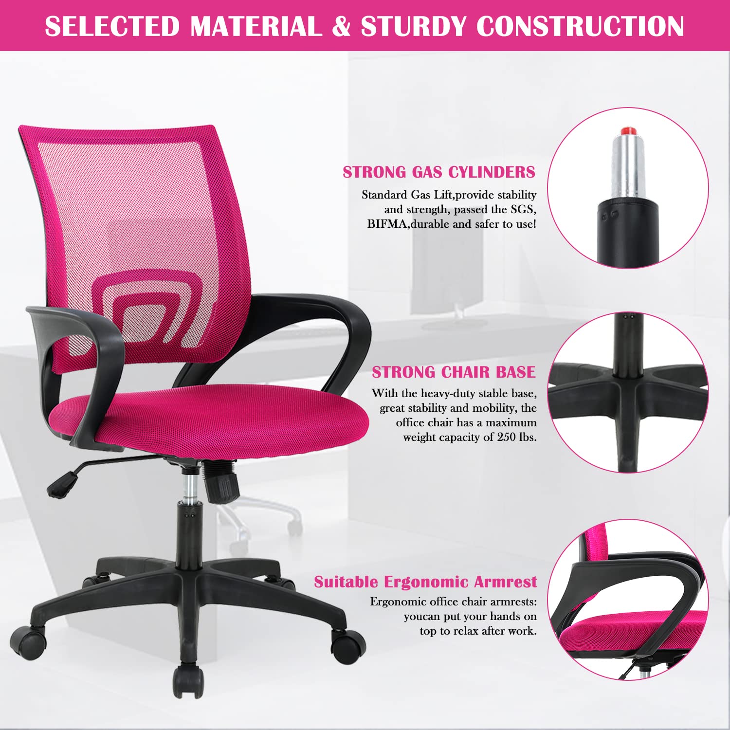 Pink Office Chair Ergonomic Desk Chair Mesh Computer Chair with Lumbar Support& Armrest, Adjustable Mid Back Executive Task Chairs, Rolling Swivel Chair Kids Desk Chair for Women