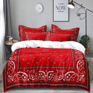 Abstract Paisley Duvet Cover Set Queen Include 1 Duvet Cover 2 Pillowcases Red Bandana Elegant Ethnic Tribal Comforter Cover Microfiber Soft Bedding Sets