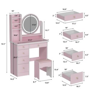 ECACAD Vanity Desk Set with LED Lighted Round Mirror, Makeup Dressing Table with 5 Drawers, Storage Shelves & Cushioned Stool for Bedroom, Pink