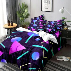 Geometric Duvet Cover Set Queen Include 1 Duvet Cover 2 Pillowcases Vaporwave 80'S Style Retro 1980S Neon Party Geometric Graphic Comforter Cover Microfiber Soft Bedding Sets