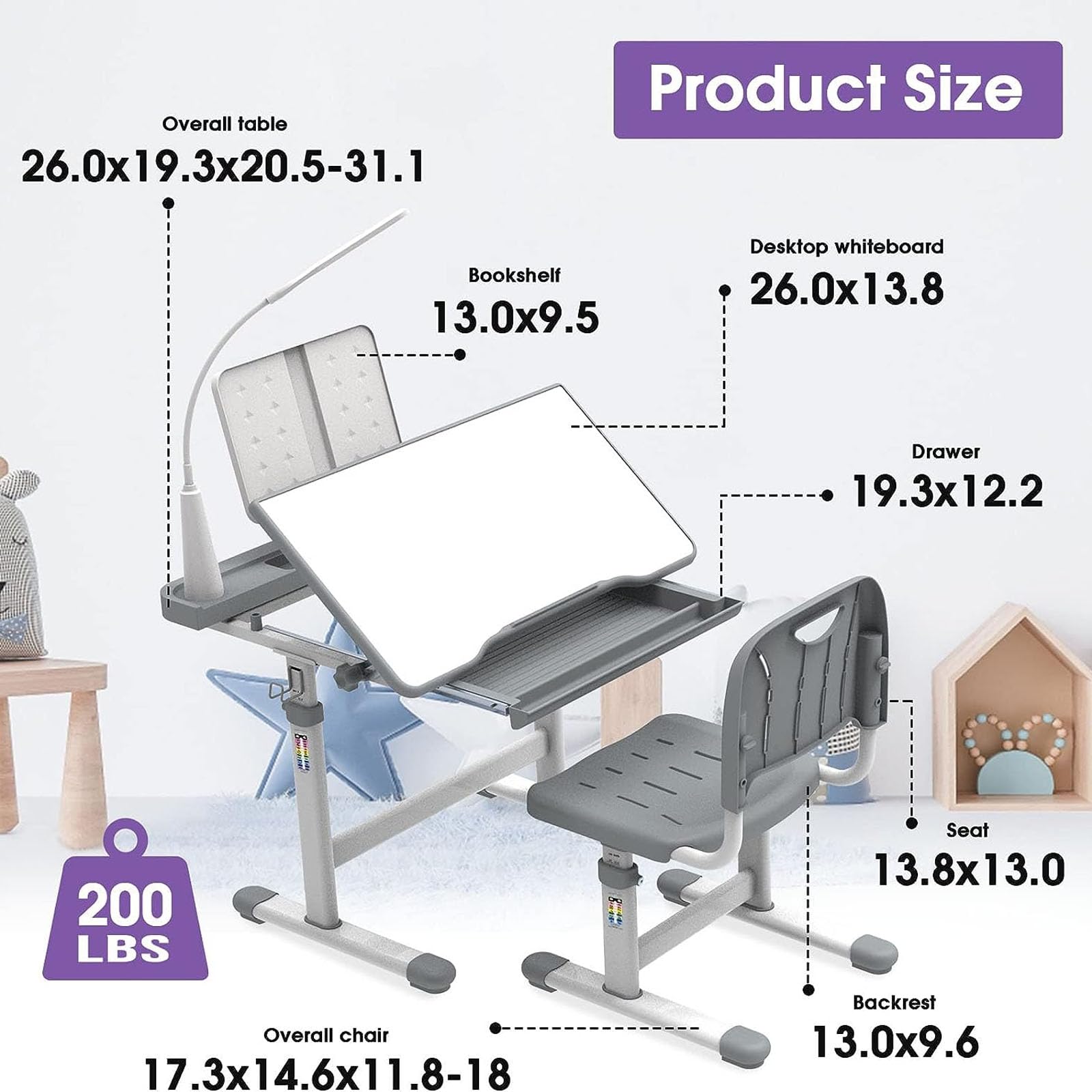 BELANITAS Kids Desk and Chair Set 3-12 Years, Kids School Desk for Kids, Height Adjustable Kids Study Desk with Light, 40-Degree Tiltable Desktop Kid Desk, Space Grey