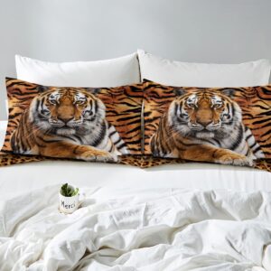 Tiger 3D Print Duvet Cover Set Queen Size Wild Animals Bedding Set 3pcs for Kids Teens Room Decor,Animal Fur Cover Soft Breathable Quilt Cover with 2 Pillowcases