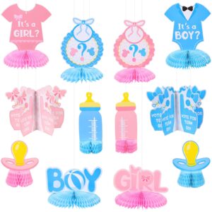 12 pieces baby gender reveal honeycomb table centerpieces 3d gender reveal hanging decoration gender reveal he or she boy or girl baby shower pregnancy announcements decor newborn party supplies