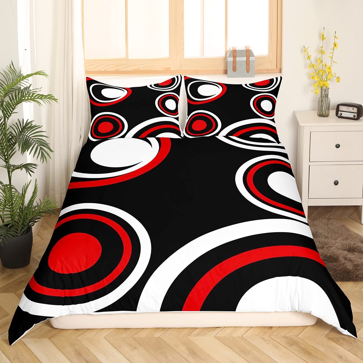 Abstract Square Circle Duvet Cover Set King Size,Geometric Art Pattern Comforter Cover with 2 Pillowcases,3 Piece,Modern Black Red White Bedding Set for Adult Young Bedroom Xmas Gift