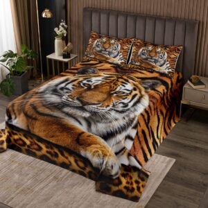 manfei tiger 3d print bedspread queen size,wild animals bedding set 3pcs for kids teens boys room decor,animal fur quilted coverlet leopard soft breathable bedding quilt with 2 pillowcases