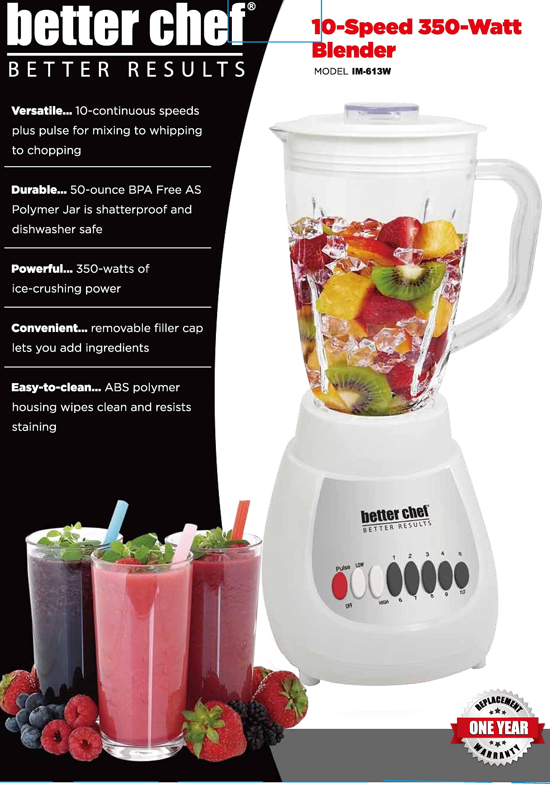 Better Chef Classic 10-speed Blender | 6-cup | BPA-free Acrylonitrile Styrene Polymer Jar (White)