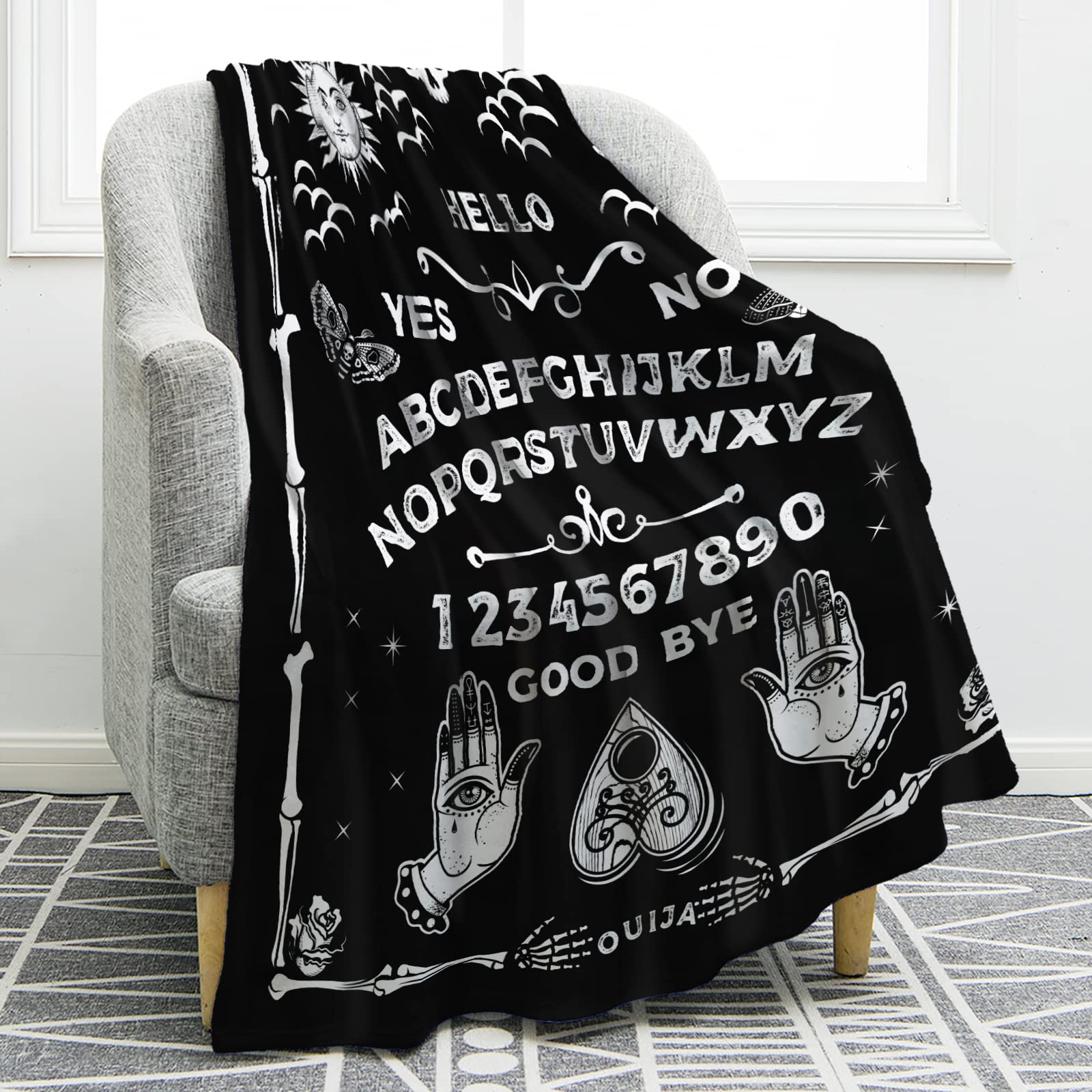 Jekeno Ouija Board Blanket Gothic Witch Gift for Halloween Sun Moon Skeleton Skull Horror Spooky Presents for Women Kids Girls Boys Men Birthday Christmas Decor Throw Blankets Black 50"x60"