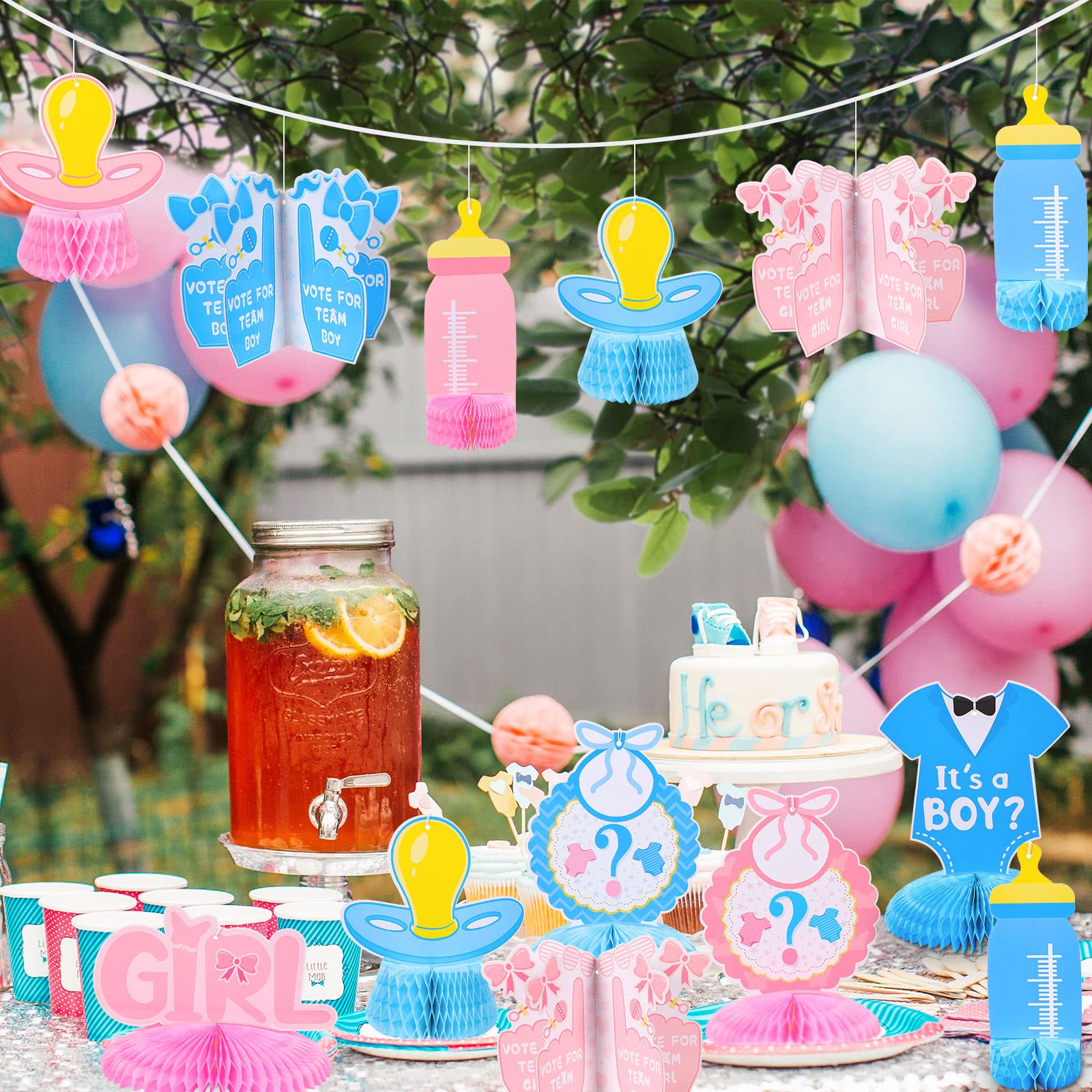 12 Pieces Baby Gender Reveal Honeycomb Table Centerpieces 3D Gender Reveal Hanging Decoration Gender Reveal He or She Boy or Girl Baby Shower Pregnancy Announcements Decor Newborn Party Supplies