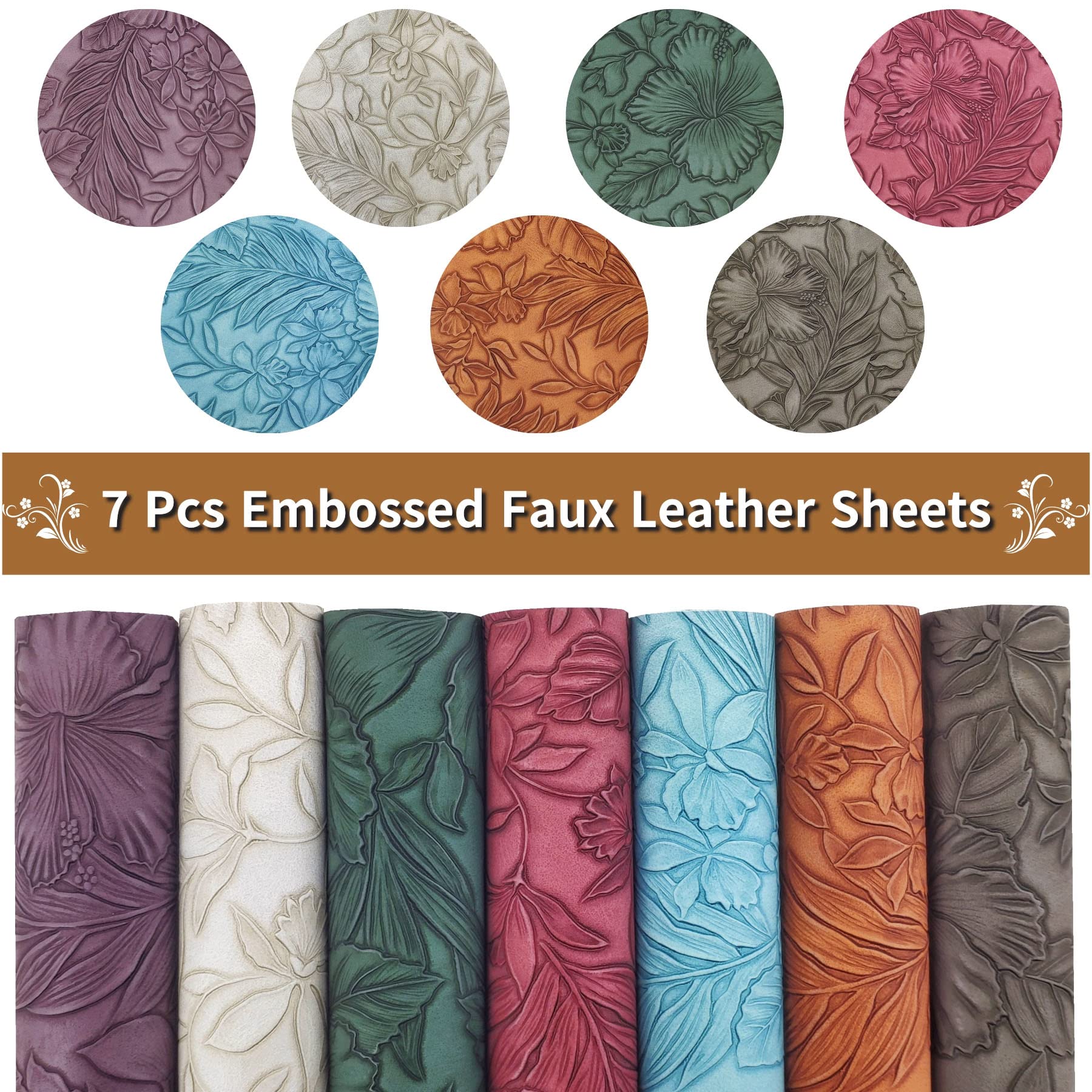 SHUANGART 7 Pcs Embossed Faux Leather Sheets for Earrings Purses Making, 8.2" X 11.8" with Embossed Textured Synthetic Fabric Sheets for DIY Bows Wallet Sewing Crafts (Flower)