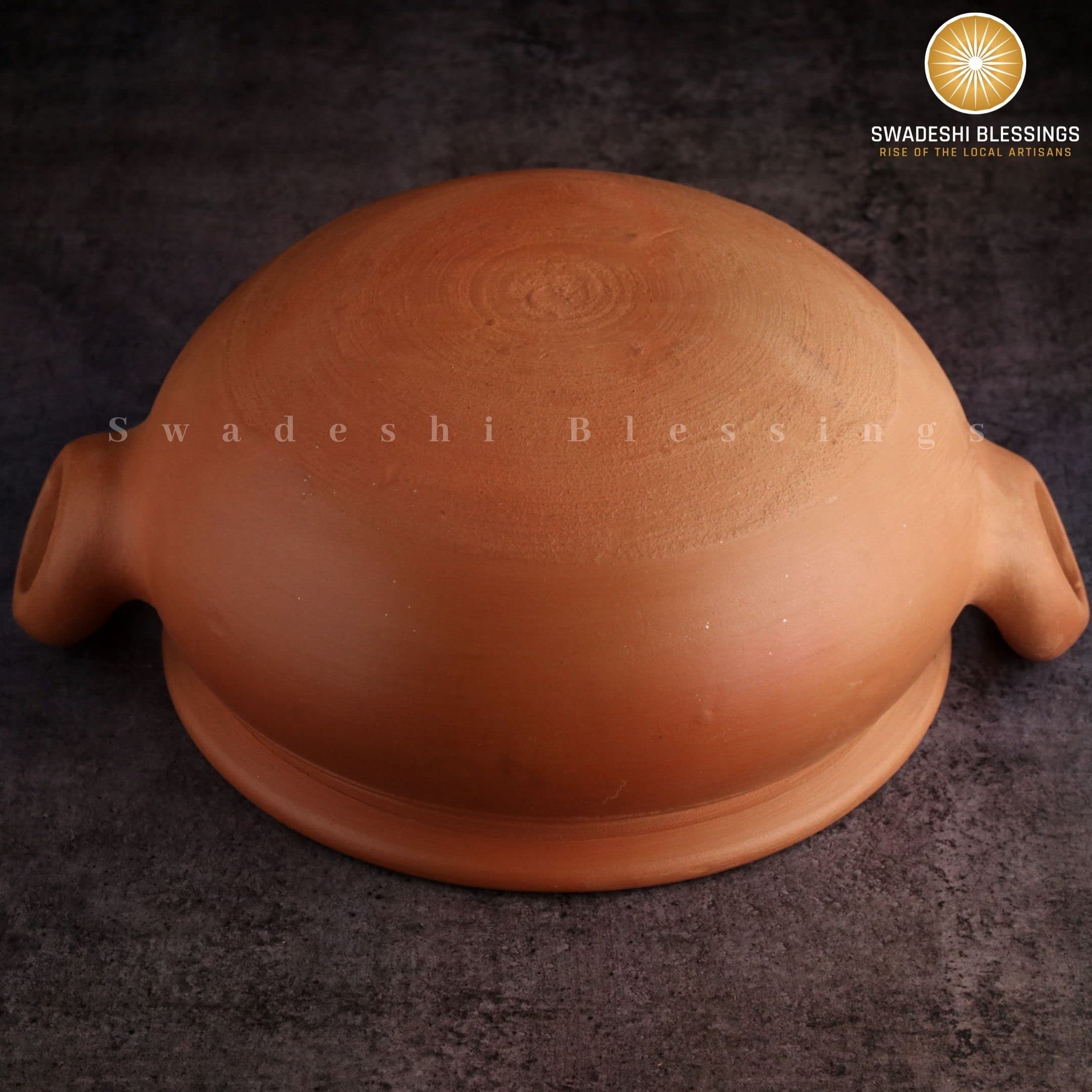 Swadeshi Blessings Exclusive Range Unglazed Clay Pot For Cooking & Serving with Lid/Earthen Kadai/Mud Handi/Mitti Ke Bartan (With Mirror Shine) + FREE ASH For Cleaning (2 Liters)