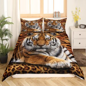 Tiger 3D Print Duvet Cover Set Queen Size Wild Animals Bedding Set 3pcs for Kids Teens Room Decor,Animal Fur Cover Soft Breathable Quilt Cover with 2 Pillowcases