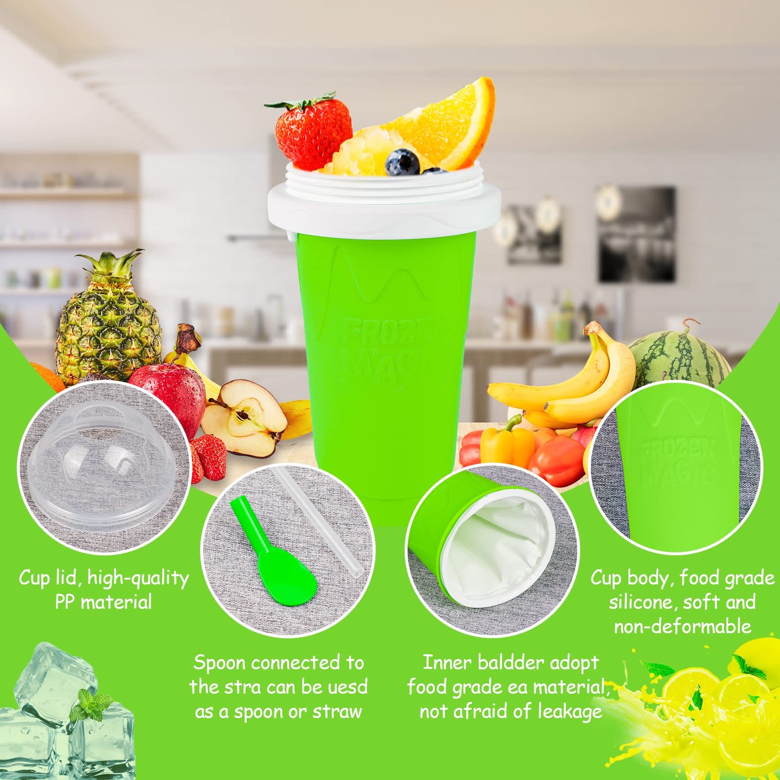 Slushy Maker Cup - TIK TOK Quick Frozen Magic Cup, Double Layers Slushie Cup, DIY Homemade Squeeze Icy Cup, Fasting Cooling Make And Serve Slushy Cup For Milk Shake, Smoothies, Slushies - Green