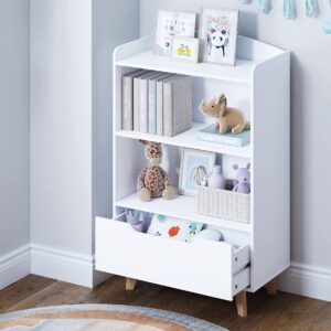 UTEX Kids Bookshelf, Children Bookcases with Storage and Drawer, Wood Kids Toy Storage Organizer for Playroom,Bedroom, Nursery School, White