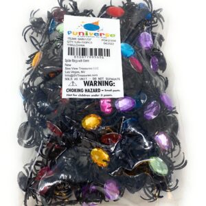 100 Bulk Halloween Spider Rings With Gems Assortment - Black Rings with Assorted Gems for Creepy Crawly Party Favors, Treats, and Cupcake Toppers