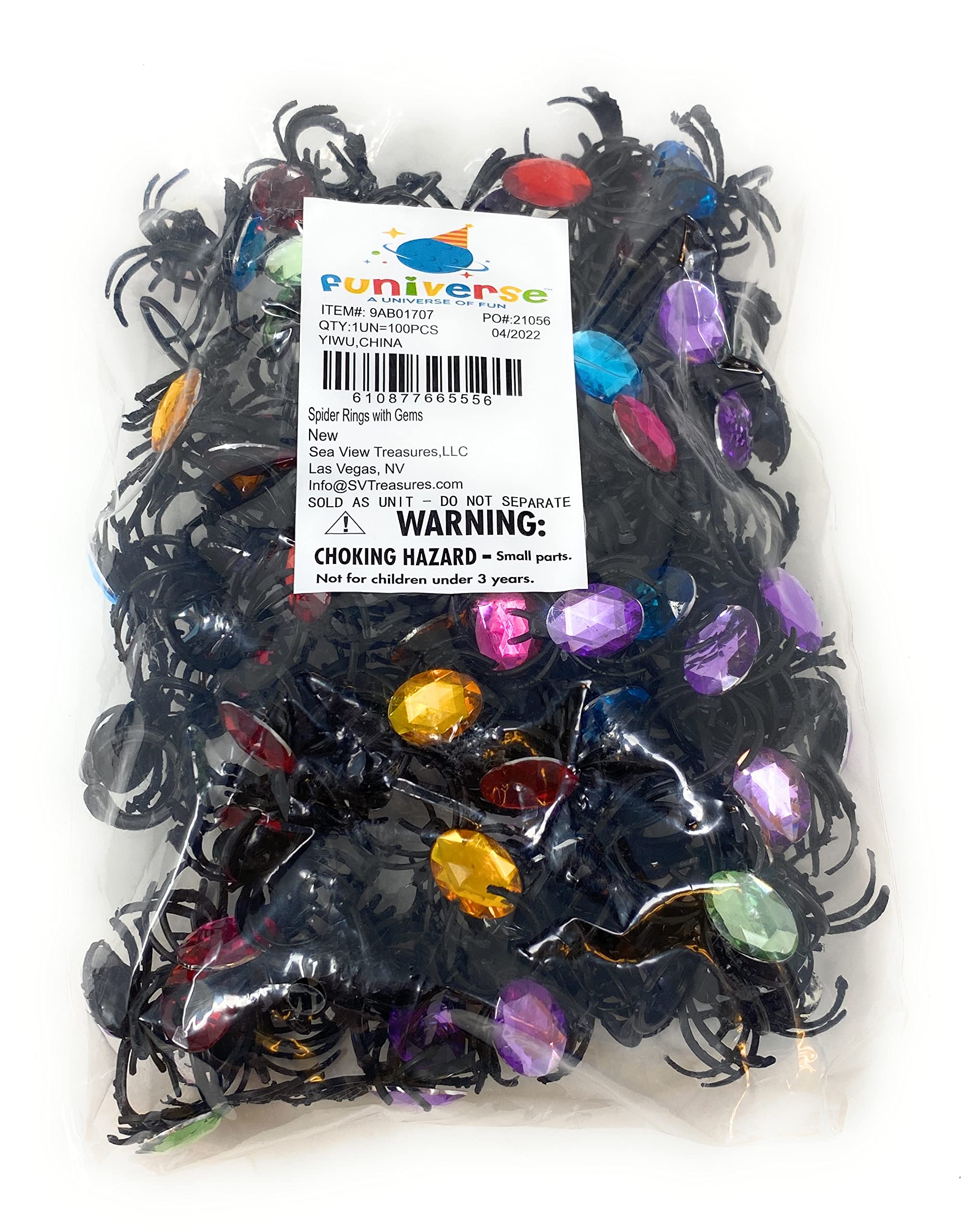 100 Bulk Halloween Spider Rings With Gems Assortment - Black Rings with Assorted Gems for Creepy Crawly Party Favors, Treats, and Cupcake Toppers