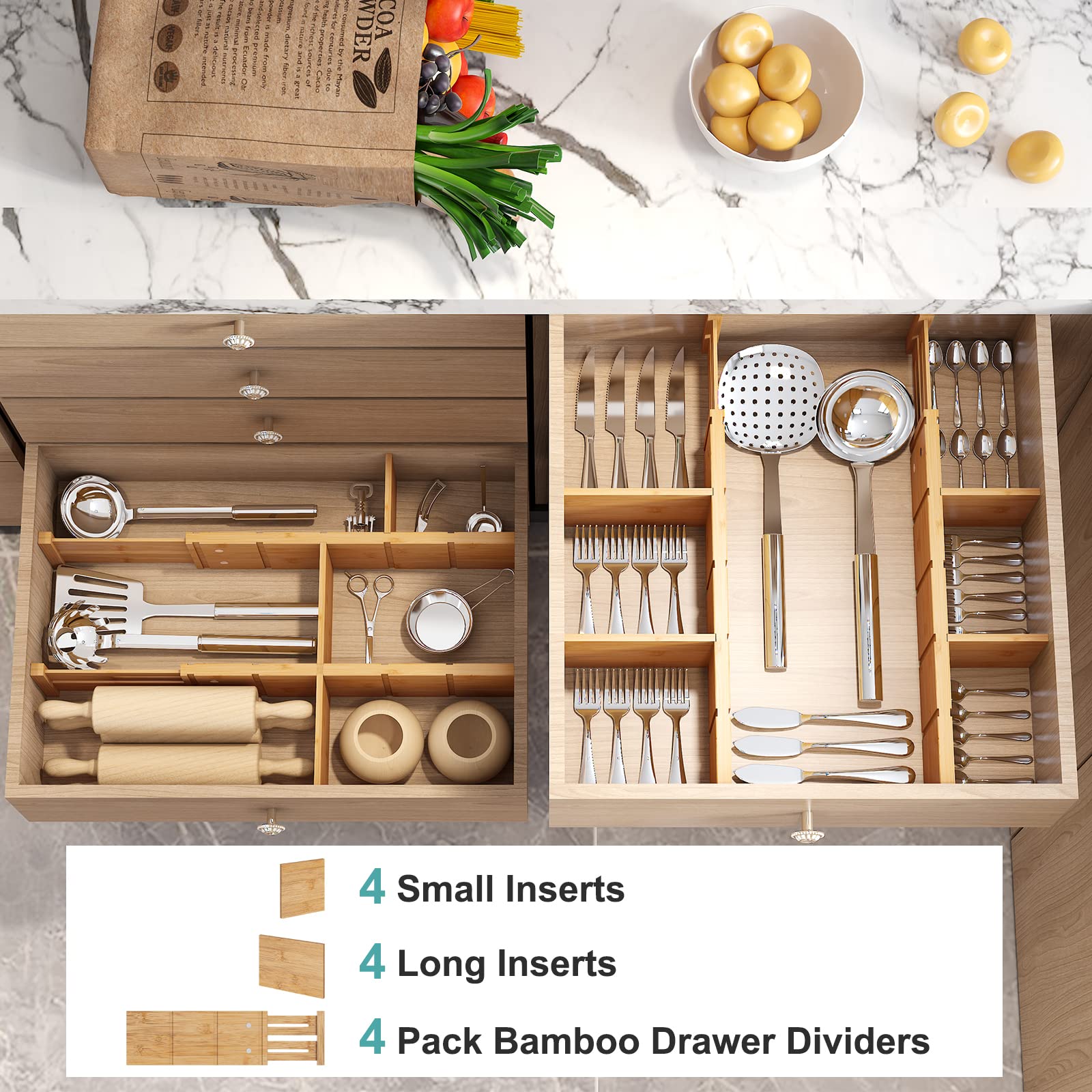 Vriccc 4.4" High Bamboo Drawer Dividers with Inserts, Kitchen Adjustable Drawer Organizers, Expandable Organization for Home, Office, Dressers, and Bathroom, 4 Divider with 8 Insert