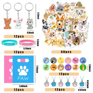 110 PCS Dog Party Favors Puppy Key Chain Necklace Silicone Wristbands Stickers Goodie Bags Button Badges For Birthday Party Favors Baby Shower Decorations Classroom Rewards Dog Theme Supplies