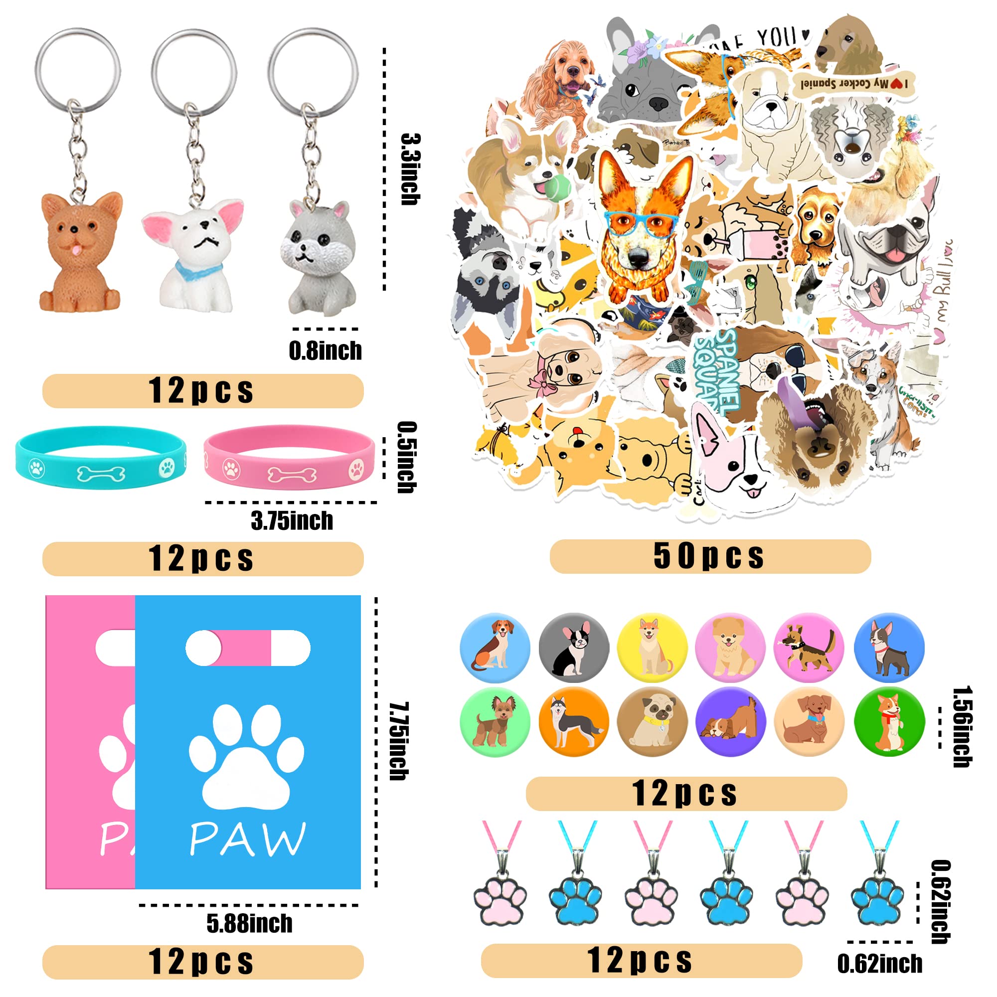 110 PCS Dog Party Favors Puppy Key Chain Necklace Silicone Wristbands Stickers Goodie Bags Button Badges For Birthday Party Favors Baby Shower Decorations Classroom Rewards Dog Theme Supplies