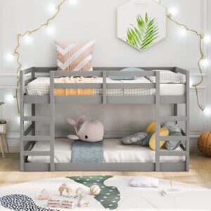 twin over twin low bunk bed, solid wood floor bunk bed with ladder, for toddlers kids boys girls (gray)