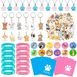 110 pcs dog party favors puppy key chain necklace silicone wristbands stickers goodie bags button badges for birthday party favors baby shower decorations classroom rewards dog theme supplies