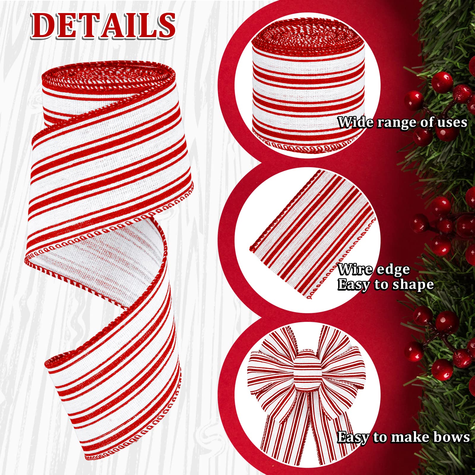 Whaline 2 Rolls Christmas Wired Edge Ribbon Christmas White Red Striped Fabric Ribbon Farmhouse Craft Ribbon for DIY Gift Wrapping Wreath Floral Arrangement Bow Decoration,2.5 Inch x 12 Yard