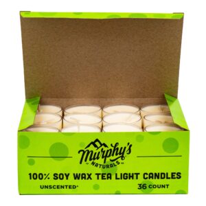 Murphy’s Naturals Soy Wax Tea Light Candles | Vegan | Responsibly Sourced Soy Wax | Fragrance Free | 36 Candles Per Box