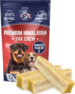 devil dog pet co. himalayan yak chews, yak cheese dog chews, 100% natural & healthy, lactose free, long lasting, yak chew treats – premium yak milk dog chew, yak bones for dogs | monster - 3 pack