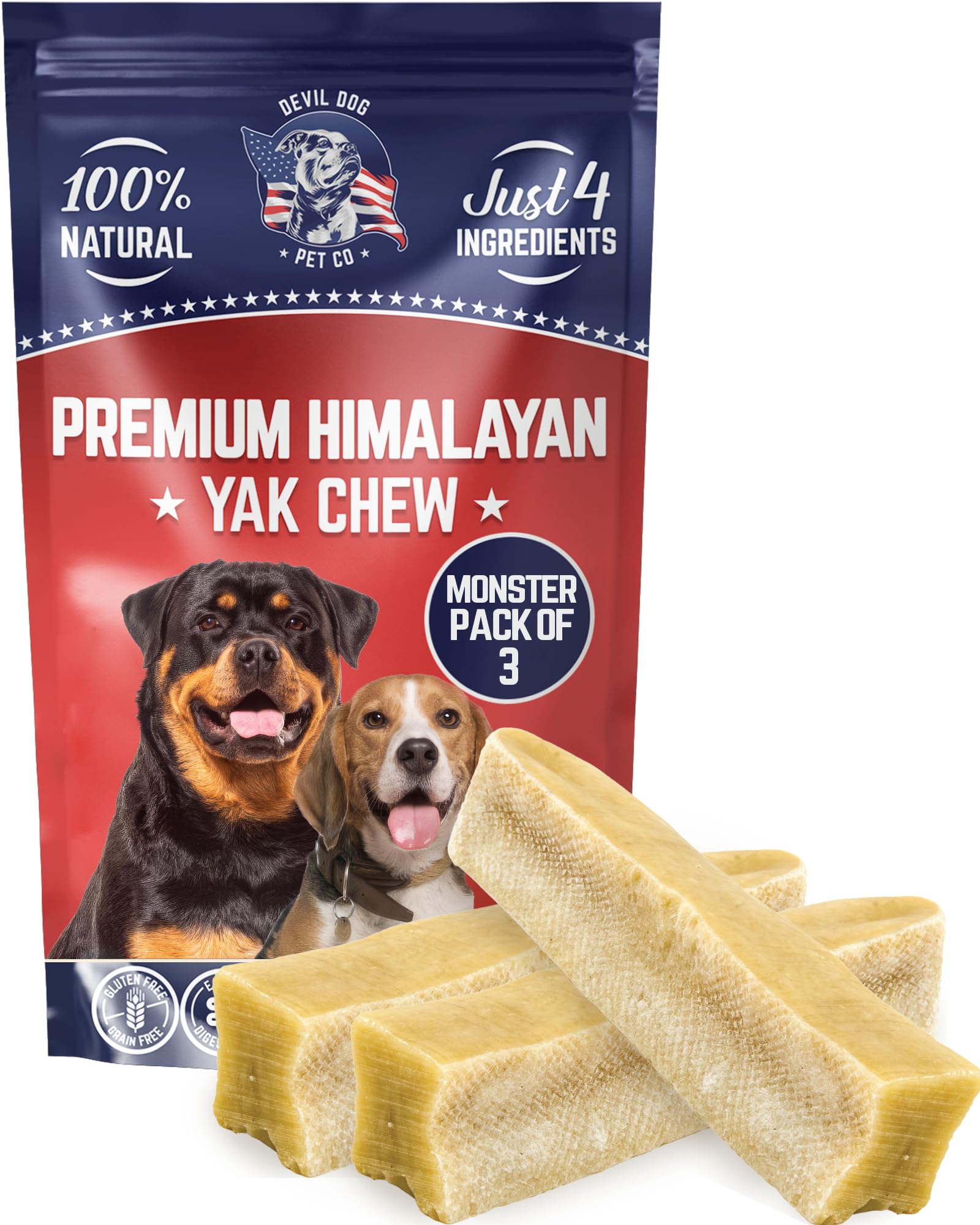 Devil Dog Pet Co. Himalayan Yak Chews, Yak Cheese Dog Chews, 100% Natural & Healthy, Lactose Free, Long Lasting, Yak Chew Treats – Premium Yak Milk Dog Chew, Yak Bones for Dogs | Monster - 3 Pack