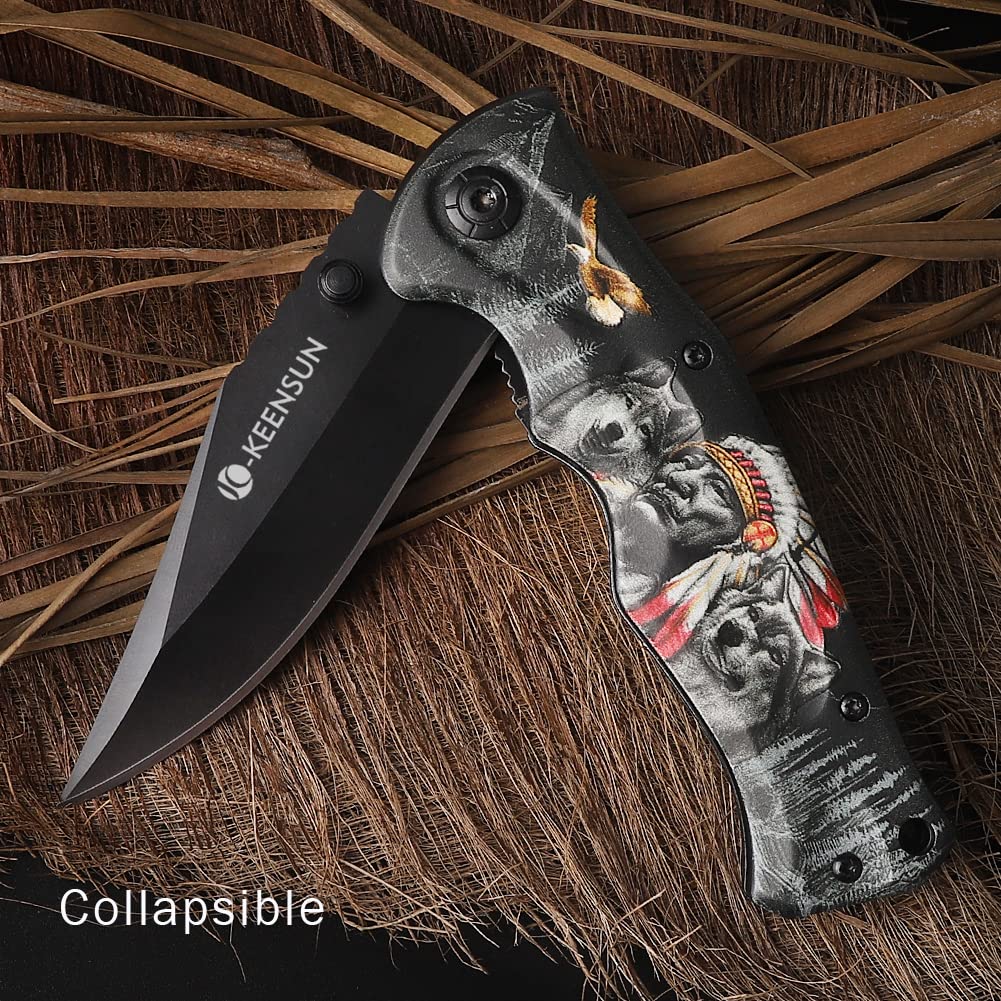 KEENSUN Pocket Folding Knife –Tactical Knife, Hunting Knife, Flipper Knife,EDC Knife.Speed Safe Spring Assisted Opening Knifes with Liner Lock,Thumb stud and Pocketclip.Good for Camping, Hiking, Indoor and Outdoor Activities,Native american & wolf 3D Prin