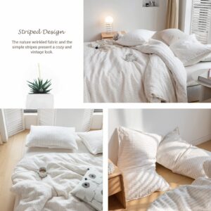 Simple&Opulence 100% Pure Linen Duvet Cover Set, 3Pcs Striped Washed Natural Flax Bedding Set with Button Closure, Soft Breathable Durable Farmhouse,1Duvet Cover and 2Pillowshams (Queen, Brown Stripe)