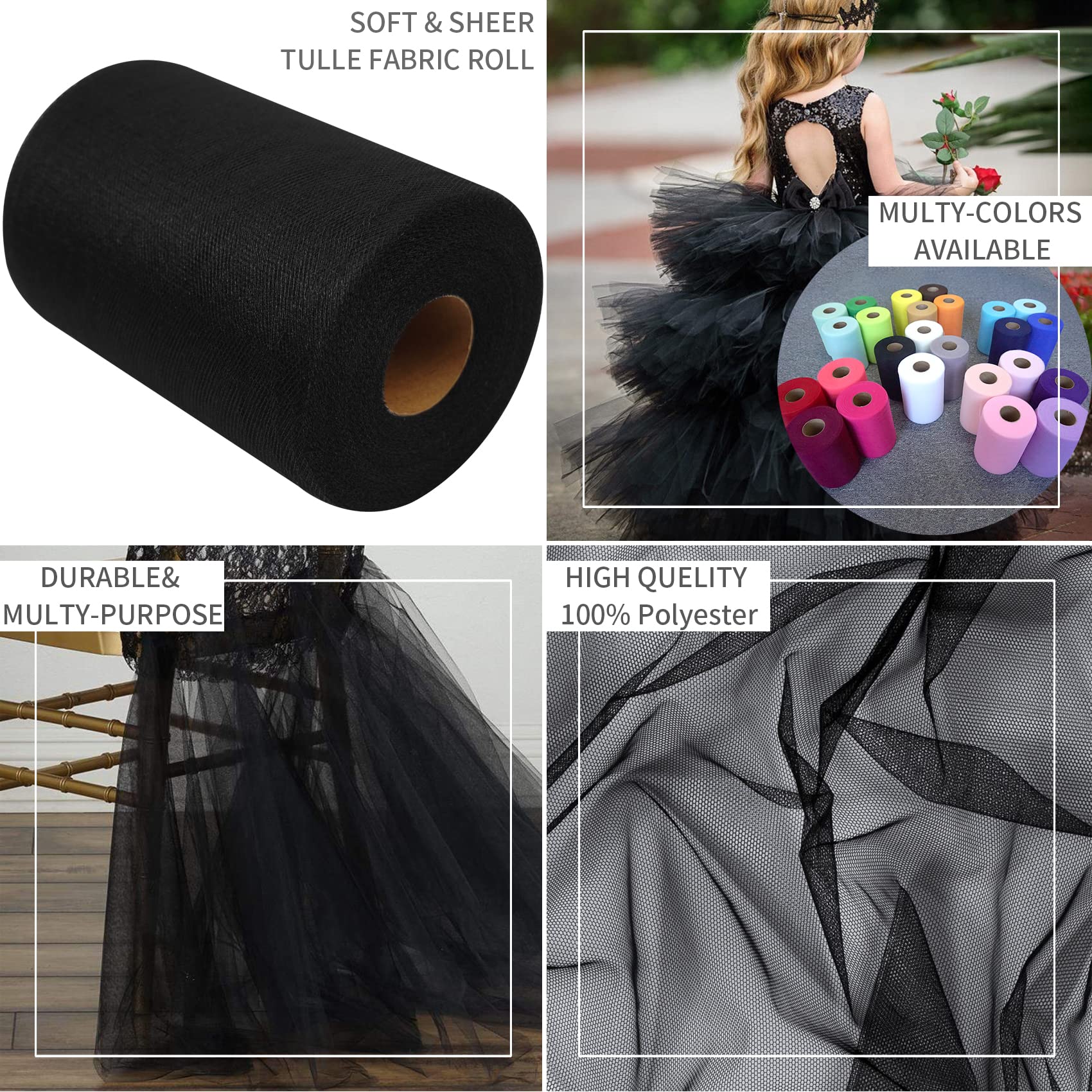 Black Tulle Fabric Rolls 6 Inch by 100 Yards (300 feet) Fabric Spool Tulle Ribbon for DIY Black Halloween Tutu Bow Baby Shower Birthday Party Wedding Decorations Christmas Craft Supplies